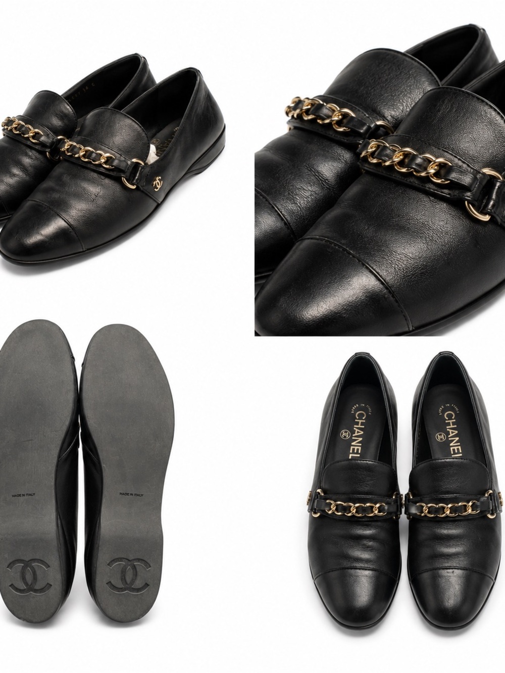CHANEL Black Leather Loafers with Gold Chain Accent